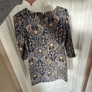 XS mini dress by Tahari. Black with white and yellow/marigold paisley design.